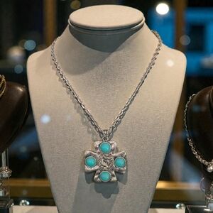 Elegant 'You And I' Silver Cross with Turquoise Accents Pendant Necklace